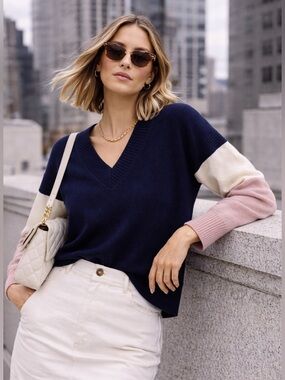 MADEWELL Charleston Colorblock V-Neck Sweater Navy Pink Cream Size M $143